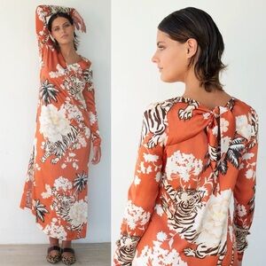 Las Surenas Tiger Romantic Silk Maxi Dress In Brick